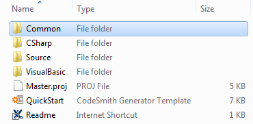 The CSLA templates folder, with the Common, CSharp, Source and VisualBasic folders