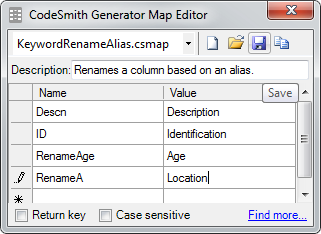 The Map Editor with KeywordRenameAlias.csmap open, showing the new RenameAge and RenameA entries