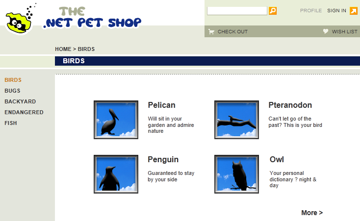 The PetShop sample website, showing the Birds category