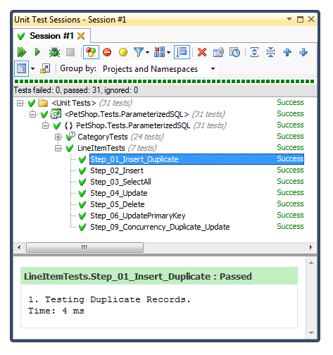 Unit test results for the PetShop parameterized SQL tests: 31 tests passed