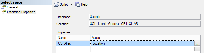 The column's Extended Properties page in SQL Server Management Studio, with CS_Alias set to Location