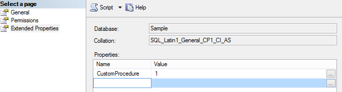 The stored procedure's Extended Properties page in SQL Server Management Studio, with CustomProcedure set to 1