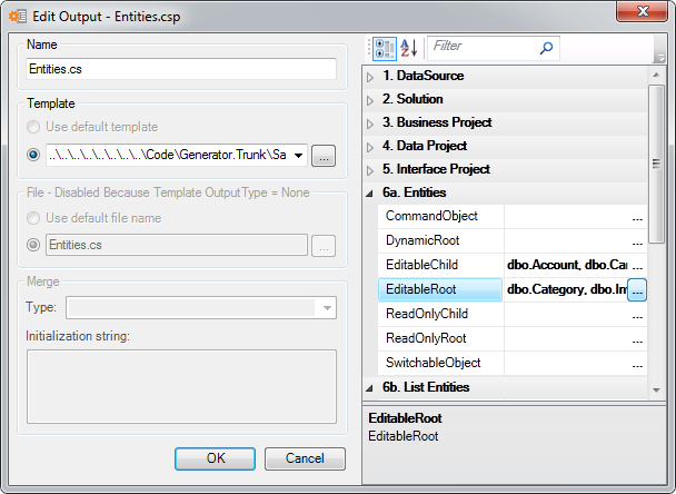 The Edit Output dialog for Entities.csp, with the 6a. Entities category expanded and dbo.Category among the EditableRoot tables