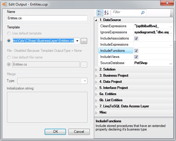 The Edit Output dialog for Entities.csp, with IncludeFunctions and IncludeViews selected in the 1. DataSource category