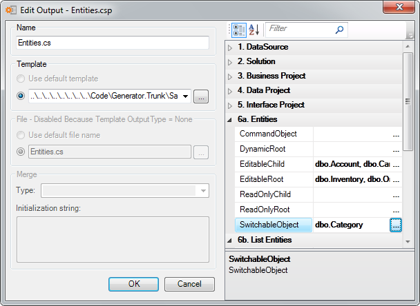 The Edit Output dialog with dbo.Category moved from EditableRoot to SwitchableObject