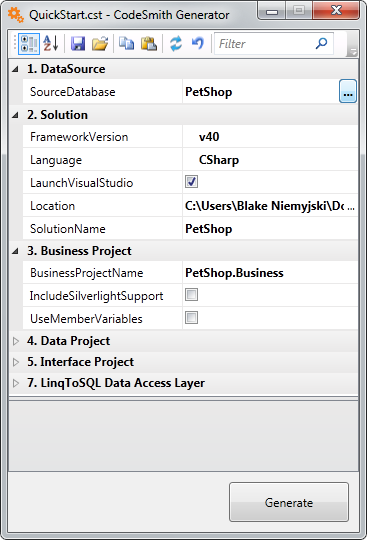 QuickStart.cst properties for the PetShop database, with FrameworkVersion v40, Language CSharp and the PetShop solution and project names filled in