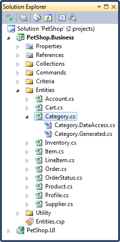 Solution Explorer with the PetShop.Business project, showing the Collections, Commands, Criteria, Entities and Utility folders and the Category.cs, Category.DataAccess.cs and Category.Generated.cs files