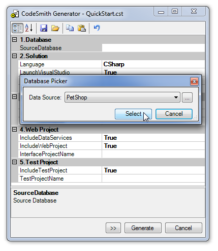 The Database Picker dialog over the QuickStart properties, with the PetShop data source selected