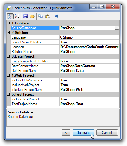 QuickStart.cst properties filled in for the PetShop database, with the Generate button selected