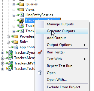 The Generator project file's context menu in Solution Explorer, with Generate Outputs selected