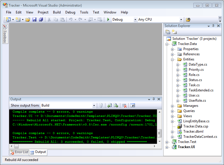 The generated Tracker solution in Visual Studio after a successful build, with the Tracker.Data project's entities, managers and queries