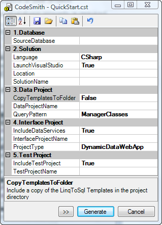 QuickStart.cst properties in Generator, with SourceDatabase empty and the solution, data, interface and test project settings