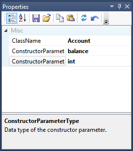 Properties window with ClassName set to Account, ConstructorParameterName set to balance and ConstructorParameterType set to int