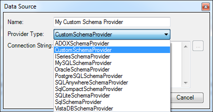 Data Source dialog with the Provider Type list open and CustomSchemaProvider selected among the built-in schema providers