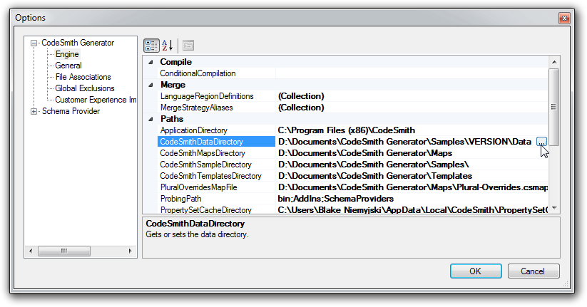 Options dialog with the Engine page selected and the CodeSmithDataDirectory setting highlighted in the Paths category