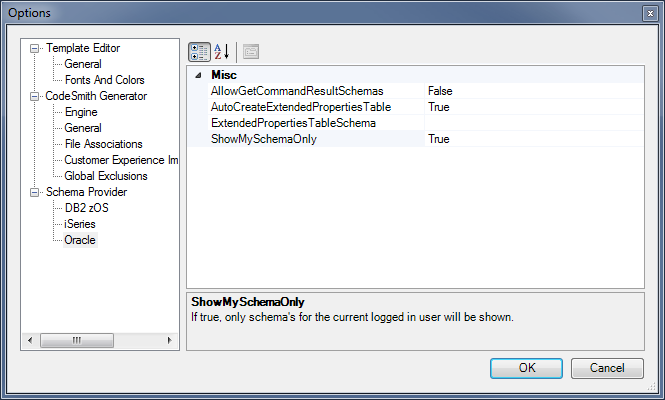 Options dialog with the Schema Provider, Oracle page selected, showing the AllowGetCommandResultSchemas, AutoCreateExtendedPropertiesTable, ExtendedPropertiesTableSchema and ShowMySchemaOnly settings