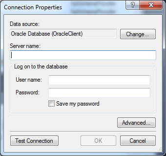 Connection Properties dialog for an Oracle Database (OracleClient) data source, with server name, user name and password boxes
