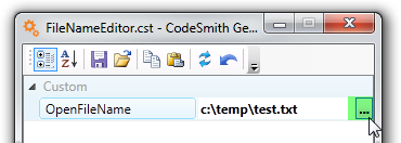 Property grid with a file name property and its builder button highlighted