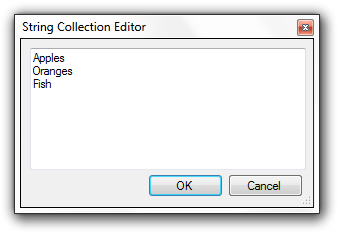 String Collection Editor dialog with Apples, Oranges and Fish on separate lines
