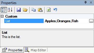 Property grid showing a List property with the value Apples,Oranges,Fish and a builder button