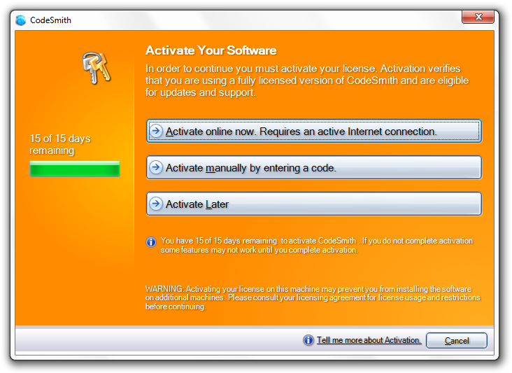CodeSmith 5.x Activate Your Software dialog with the days remaining and Activate online now, Activate manually by entering a code, and Activate Later options