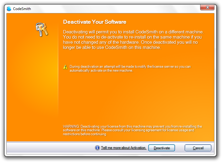 CodeSmith 5.x Deactivate Your Software dialog with Deactivate and Cancel buttons