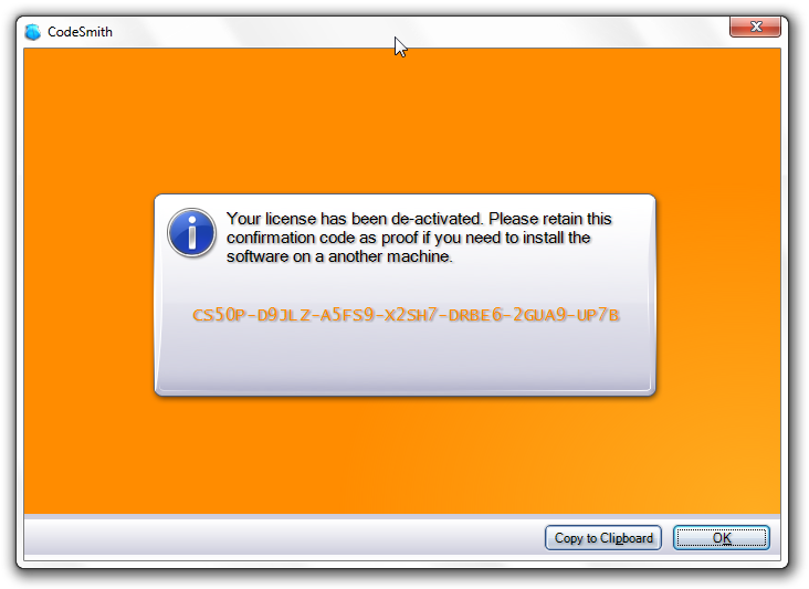 CodeSmith 5.x confirmation that the license has been deactivated, with a confirmation code and a Copy to Clipboard button