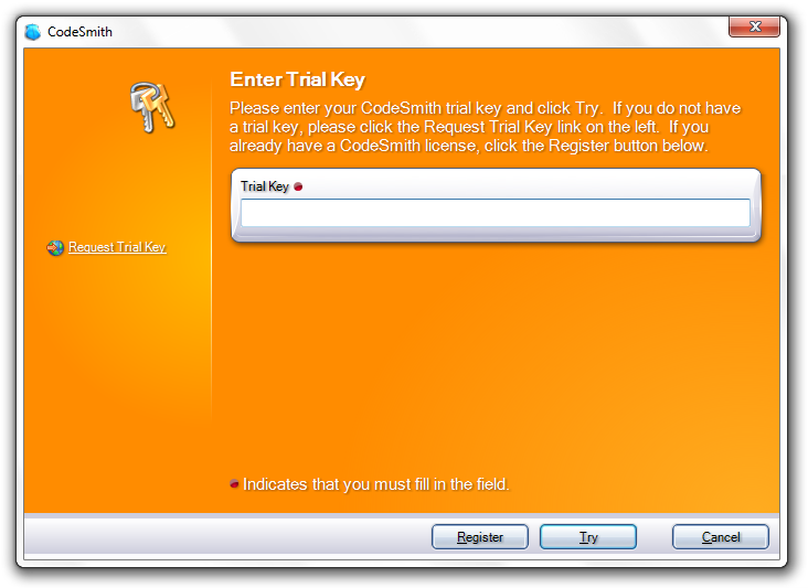 CodeSmith 5.x Enter Trial Key dialog with a Trial Key field, a Request Trial Key link, and Register, Try and Cancel buttons