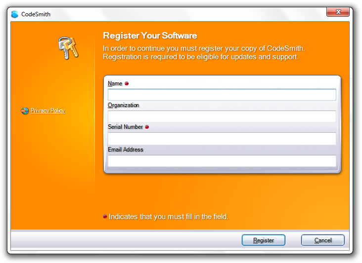 CodeSmith 5.x Register Your Software dialog with Name, Organization, Serial Number and Email Address fields