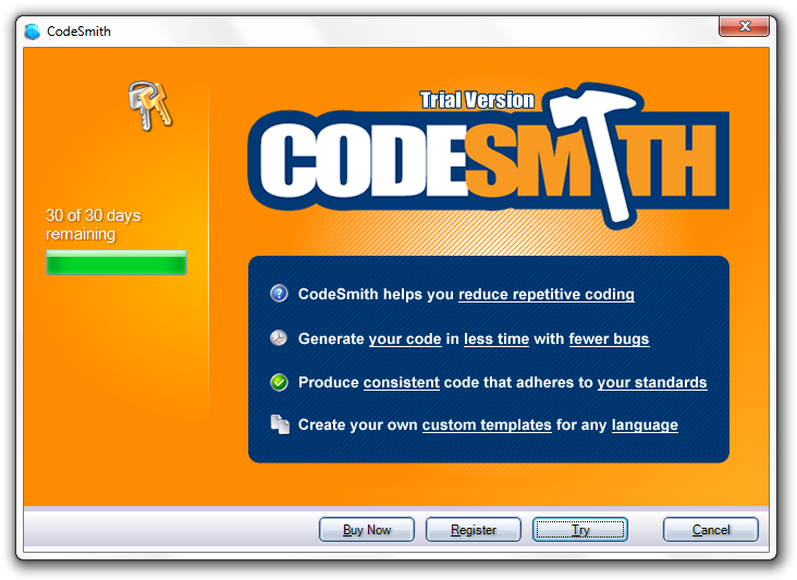 CodeSmith 5.x trial mode dialog showing the days remaining