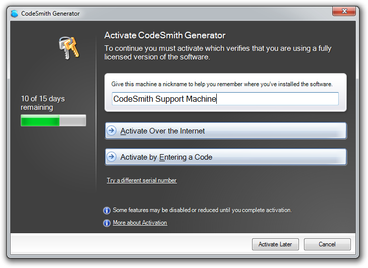 Activate CodeSmith Generator dialog with Activate Over the Internet, Activate by Entering a Code and Activate Later options