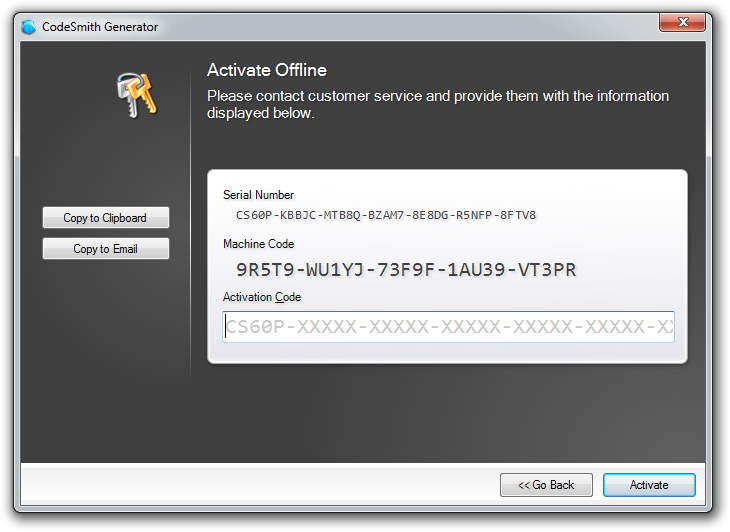Activate Offline dialog showing the serial number, machine code and an Activation Code field