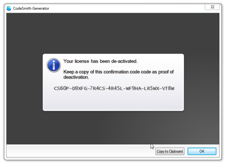 Confirmation that the license has been deactivated, with a confirmation code and a Copy to Clipboard button