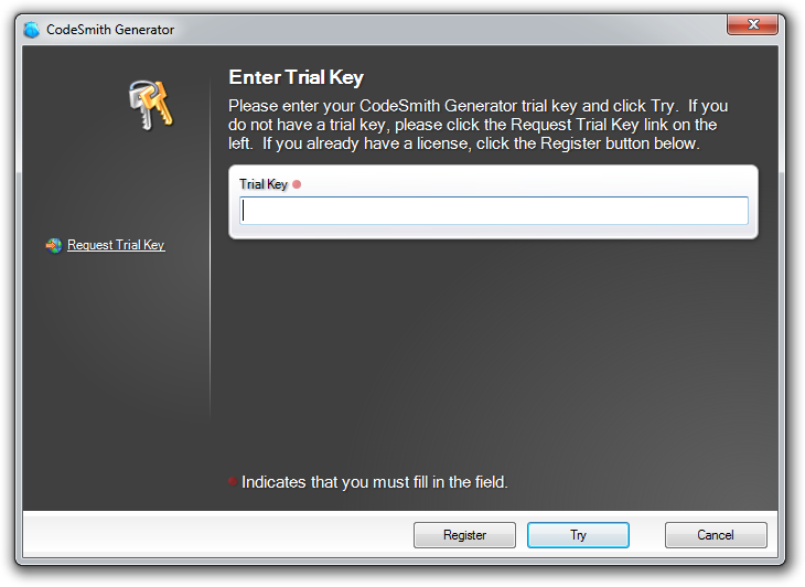 Enter Trial Key dialog with a Trial Key field and Register, Try and Cancel buttons