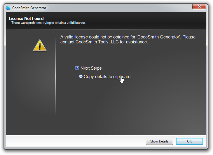 License Not Found dialog with a Copy details to clipboard link