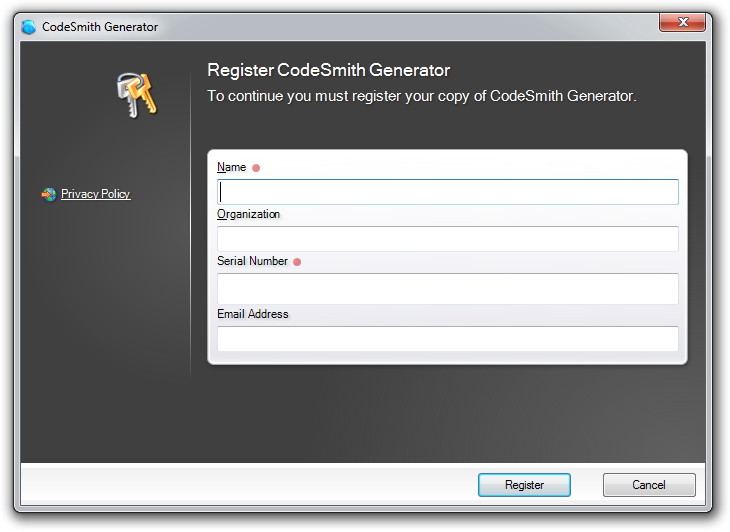 Register CodeSmith Generator dialog with Name, Organization, Serial Number and Email Address fields