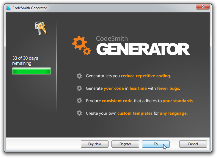 Trial Mode dialog showing the days remaining and Buy Now, Register, Try and Cancel buttons