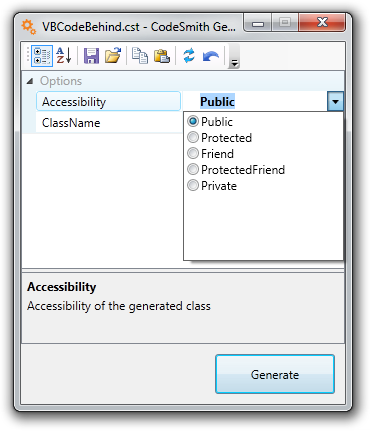 Property grid for VBCodeBehind.cst with the Accessibility drop-down open, listing Public, Protected, Friend, ProtectedFriend and Private