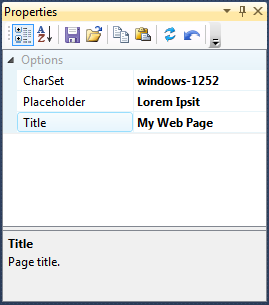 Property grid for the master template showing CharSet, Placeholder and Title in the Options category