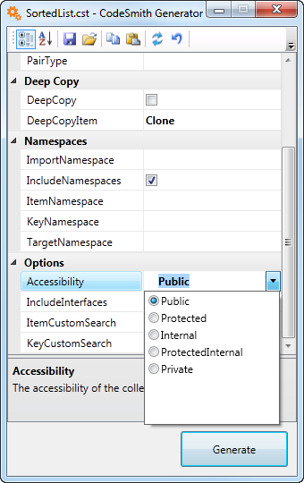 Property grid for SortedList.cst with the Accessibility drop-down open, listing Public, Protected, Internal, ProtectedInternal and Private