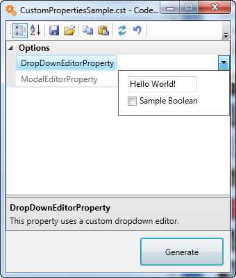 Property grid with the DropDownEditorProperty editor open, showing a text box containing "Hello World!" and a Sample Boolean check box