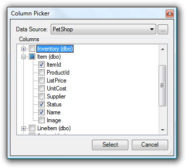 Column Picker dialog with a tree of tables and check boxes for their columns