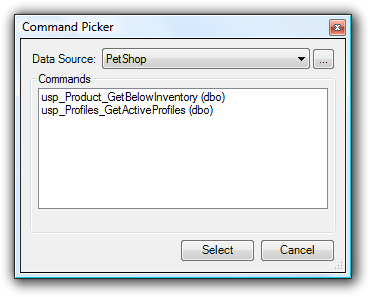 Command Picker dialog with a Data Source list and a list of stored procedures