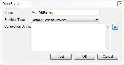 Data Source dialog with Name, Provider Type and Connection String fields