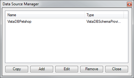 Data Source Manager listing a data source and its provider type, with Copy, Add, Edit, Remove and Close buttons