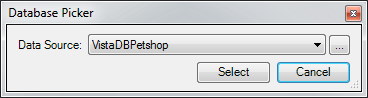 Database Picker dialog with a Data Source list and Select and Cancel buttons