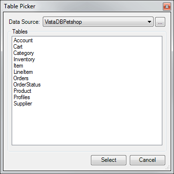Table Picker dialog with a Data Source list and a list of tables