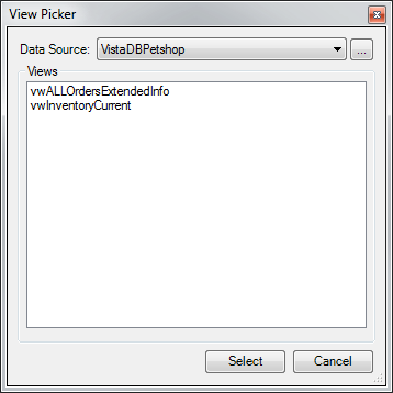 View Picker dialog with a Data Source list and a list of views