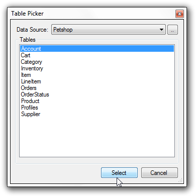Table Picker dialog with a Data Source drop-down list and a list of tables