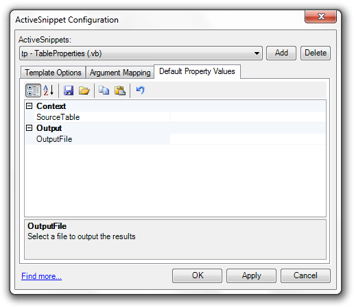 Default Property Values tab listing the SourceTable and OutputFile properties